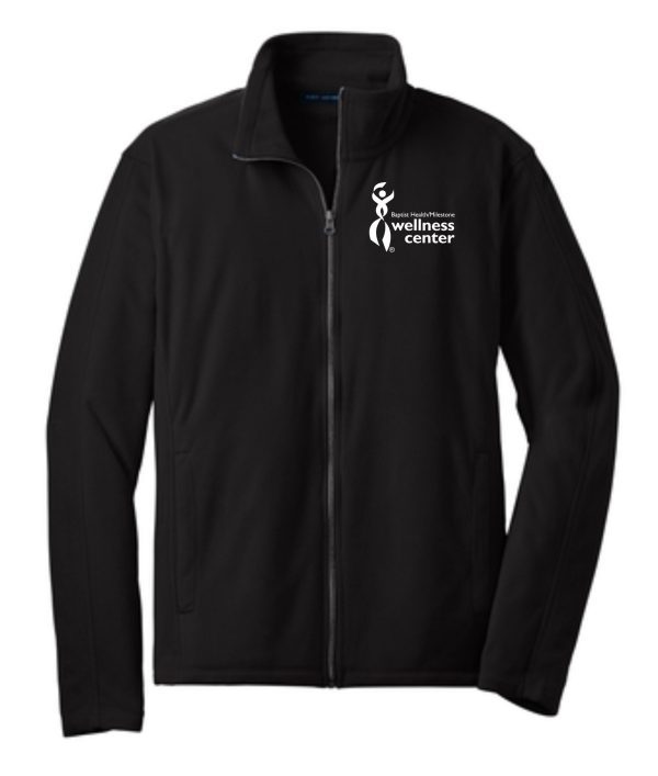 Black zippered jacket with logo.