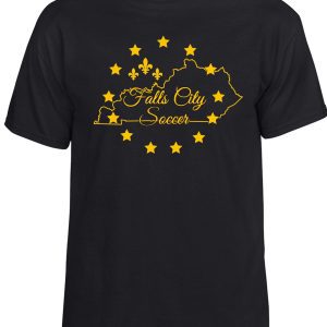 Black t-shirt with Falls City soccer logo.