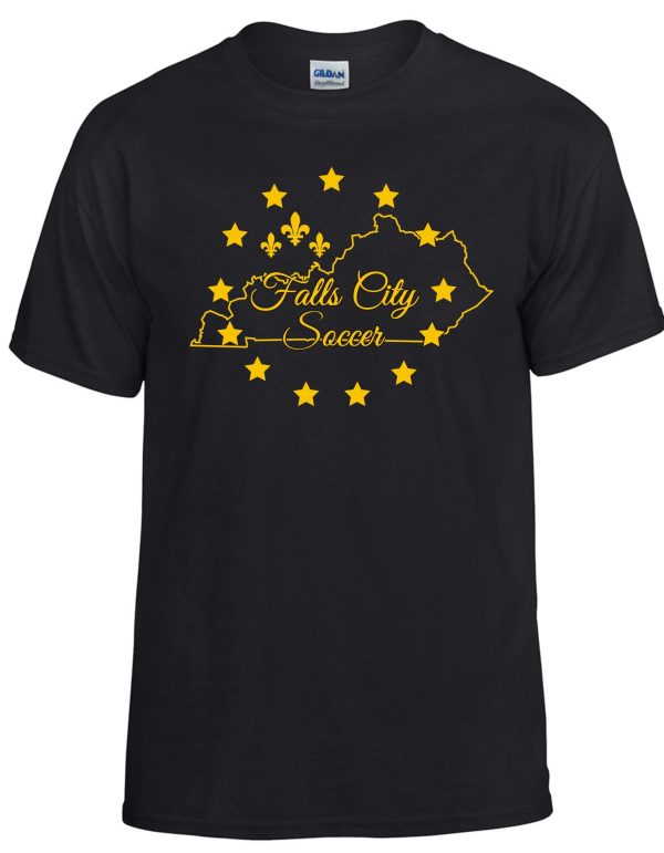 Black t-shirt with Falls City soccer logo.