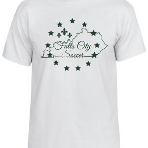 White t-shirt with Falls City soccer design.