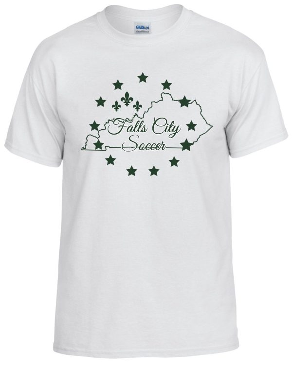 White t-shirt with Falls City soccer design.