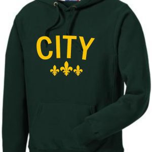 Dark green hoodie with "CITY" and fleur-de-lis.