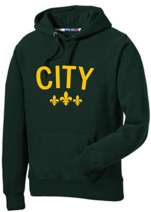 Dark green hoodie with "CITY" and fleur-de-lis.