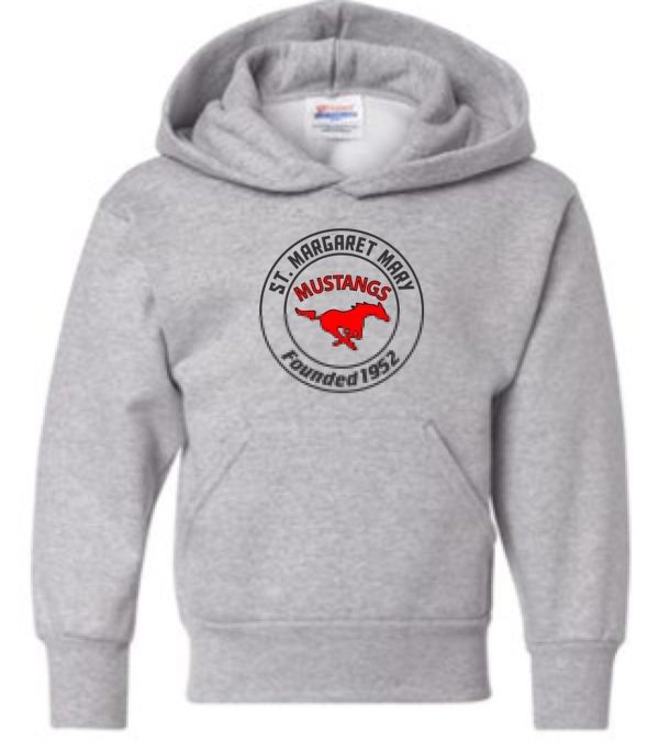 Gray hooded sweatshirt with St. Margaret Mary Mustangs logo.