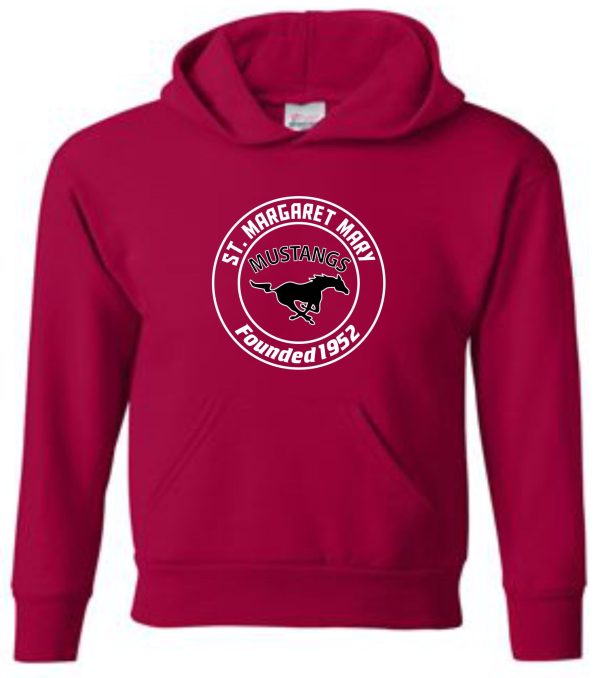 Red St. Margaret Mary hoodie with logo.