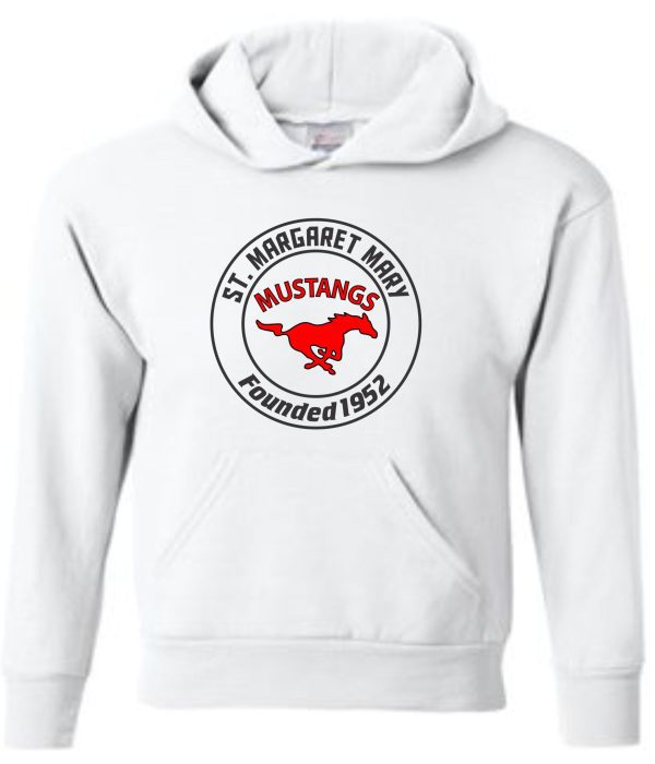 White hoodie with St. Margaret Mary logo.