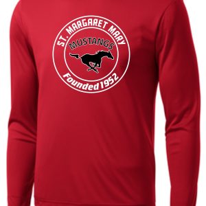 Red long sleeve shirt with St. Margaret Mary Mustangs logo.