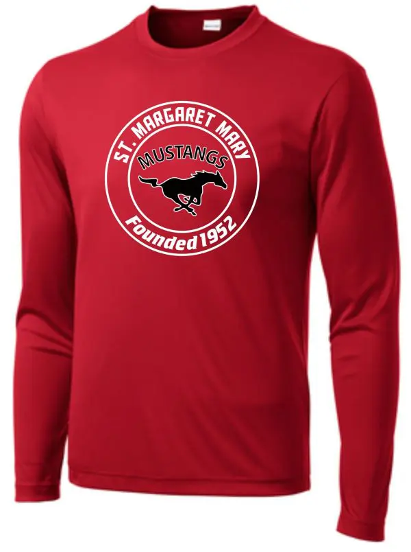 Red long sleeve shirt with St. Margaret Mary Mustangs logo.