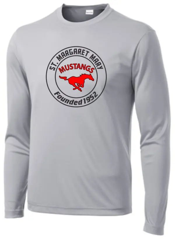 Grey long sleeve shirt with St. Margaret Mary Mustangs logo.