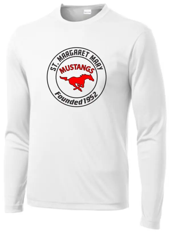 White long sleeve shirt with school logo.