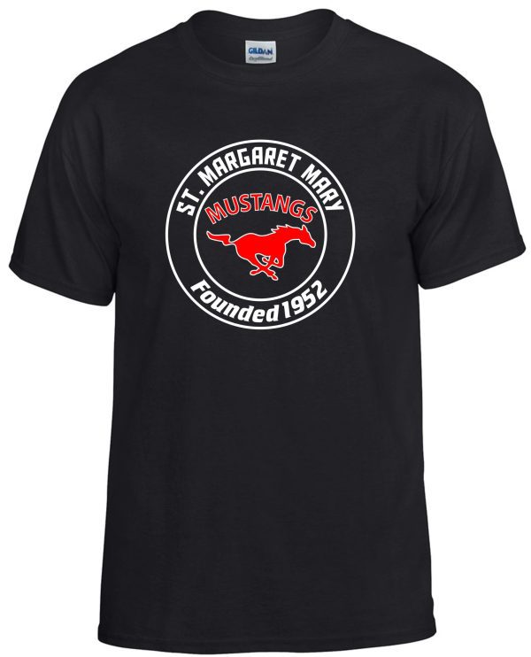 SMMSS Gildan Adult Founded cotton t shirt G5000 featuring the logo of st. margaret mary mustangs with a red mustang silhouette, encircled by white text, "founded 1952.