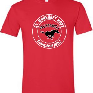 SMMSS Gildan Adult Founded cotton t-shirt G5000 with a logo featuring "st. margaret mary mustangs, founded 1952" surrounding a mustang silhouette in black and white.