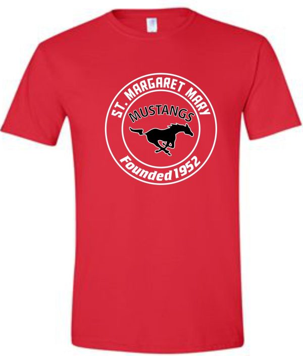 SMMSS Gildan Adult Founded cotton t-shirt G5000 with a logo featuring "st. margaret mary mustangs, founded 1952" surrounding a mustang silhouette in black and white.