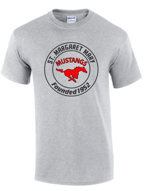 SMMSS Gildan Adult Founded cotton t-shirt G5000 with "st. margaret mary mustangs founded 1957" logo featuring a red mustang inside a circular emblem.