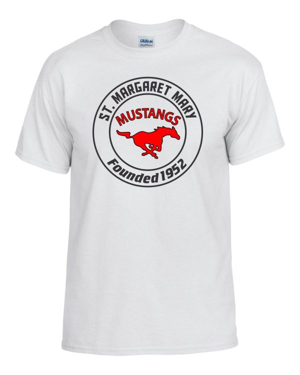 SMMSS Gildan Adult Founded cotton t shirt G5000 with "st. margaret mary mustangs founded 1952" logo featuring a red mustang silhouette inside a circle.