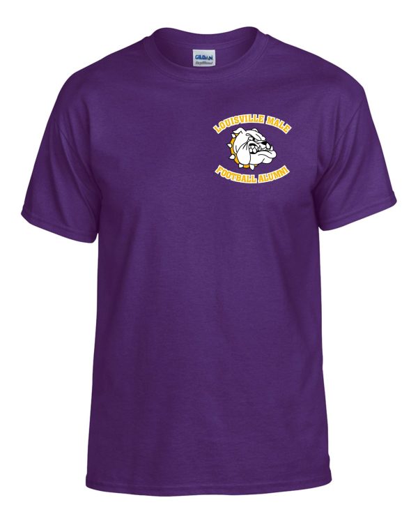 Purple t-shirt with Louisville Male football alumni logo.