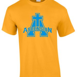 Yellow Ascension Spirit Big A logo Tshirt with a blue graphic of a cross and the word "ascension" printed across the front.