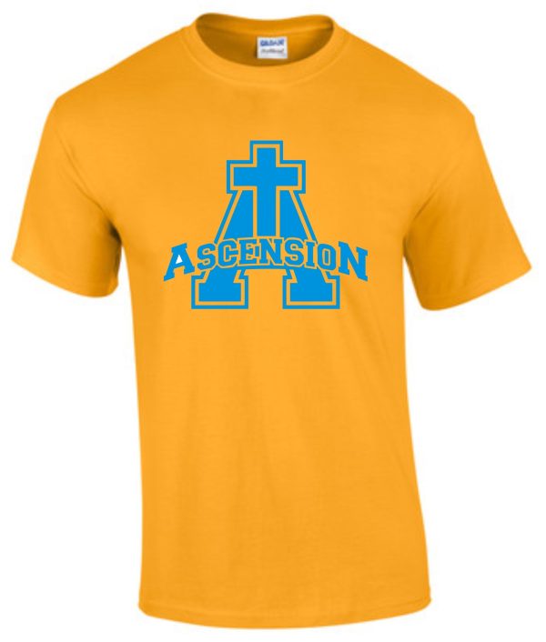 Yellow Ascension Spirit Big A logo Tshirt with a blue graphic of a cross and the word "ascension" printed across the front.