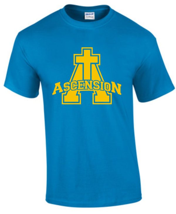 Ascension Spirit Big A logo Tshirt with a yellow graphic design featuring a cross and the word "ascension" in bold capital letters.