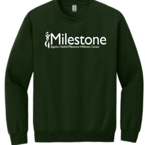 Here's an alt tag for the image: Dark green Milestone Wellness Center sweatshirt.