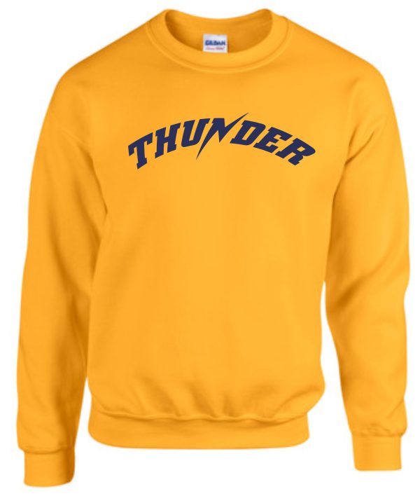 Yellow Thunder Baseball Crewneck Sweatshirt with the word "thunder" in blue bold letters across the chest.