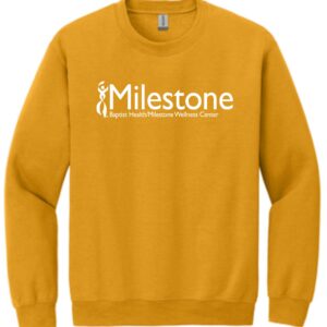 Mustard yellow Milestone Wellness Center sweatshirt.