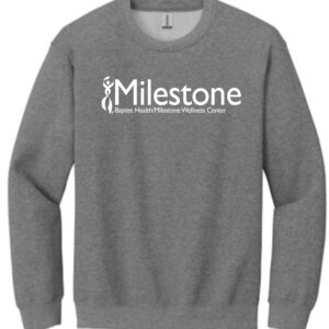 Grey Milestone Wellness Center sweatshirt.