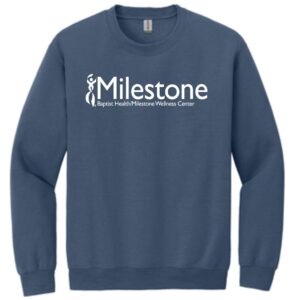 Blue Milestone Wellness Center sweatshirt.