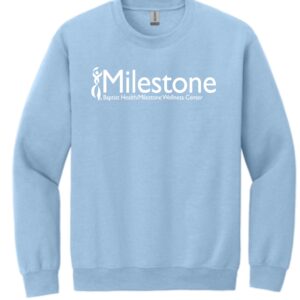 Light blue Milestone Wellness Center sweatshirt.