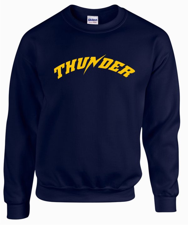 Thunder Baseball Crewneck Sweatshirt with the word "thunder" in bold yellow letters across the chest.