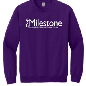 Purple Milestone Wellness Center sweatshirt.