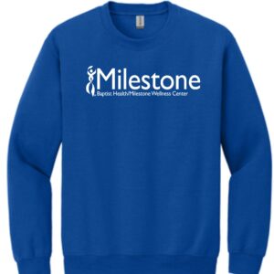 Blue Milestone Wellness Center sweatshirt.