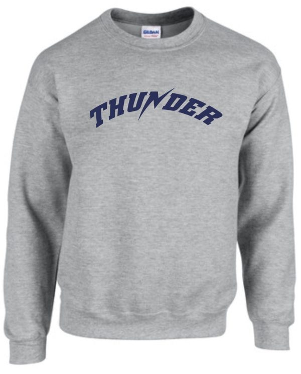 Gray Thunder Baseball crewneck sweatshirt with the word "thunder" printed in blue across the chest.