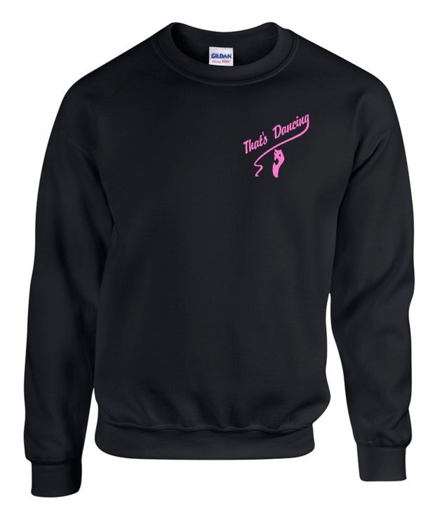 That's Dancing Black Crewneck sweatshirt G18000 with the words "that's dancing" and a pink silhouette of a dancer printed on the chest.