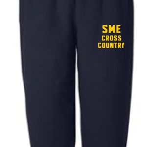 St Matthews Cross Country navy elastic bottom sweatpants G182 with "sme cross country" printed in yellow on the left thigh.