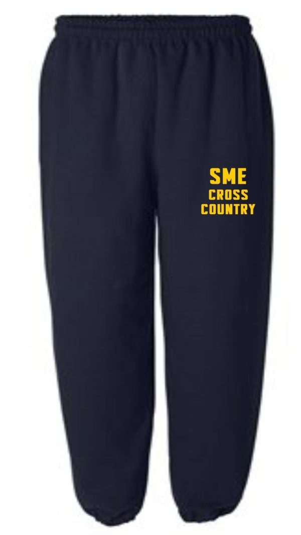 St Matthews Cross Country navy elastic bottom sweatpants G182 with "sme cross country" printed in yellow on the left thigh.