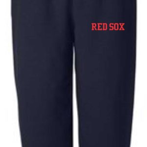 A pair of 2023 STM Red Sox Baseball sweatpants G182 with the words "red sox" printed in red on the left thigh.