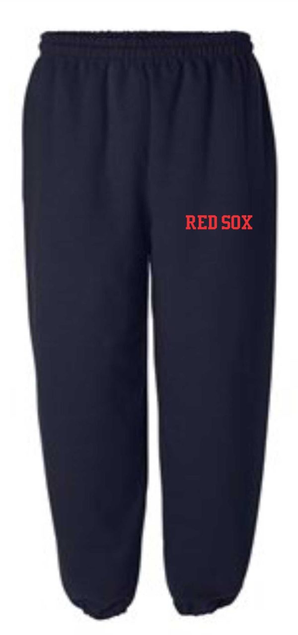 A pair of 2023 STM Red Sox Baseball sweatpants G182 with the words "red sox" printed in red on the left thigh.