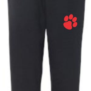 Noe Middle School Track open bottom sweatpants Gildan G18400 with an elastic waistband and a red paw print logo on the upper left thigh.