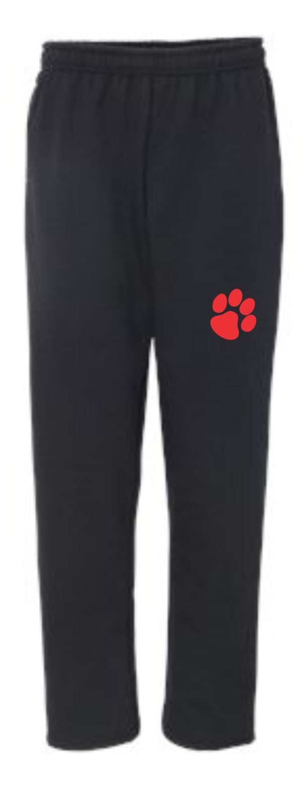 Noe Middle School Track open bottom sweatpants Gildan G18400 with an elastic waistband and a red paw print logo on the upper left thigh.