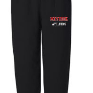 Black athletic sweatpants with a red and white "Meyzeek Baseball" logo printed on the upper left thigh.