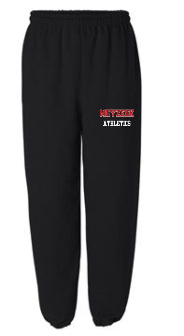 Black athletic sweatpants with a red and white "Meyzeek Baseball" logo printed on the upper left thigh.