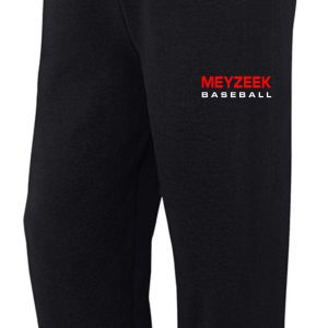 Sentence with product name: Meyzeek Baseball Black elastic bottom sweatpants G182 with elastic waistband and cuffs, featuring the text "meyzek baseball" in red on the upper left thigh.