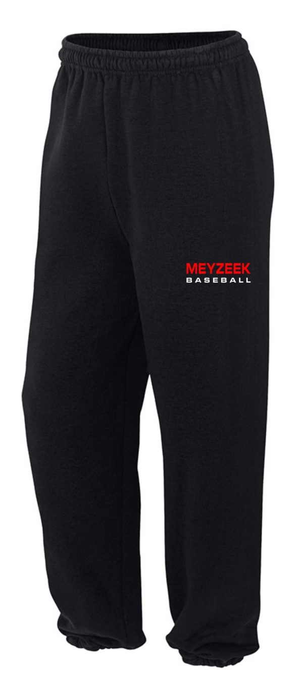 Sentence with product name: Meyzeek Baseball Black elastic bottom sweatpants G182 with elastic waistband and cuffs, featuring the text "meyzek baseball" in red on the upper left thigh.