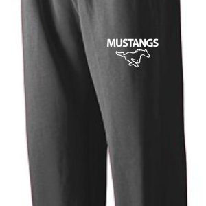 Gray sweatpants with "Mustangs" logo.