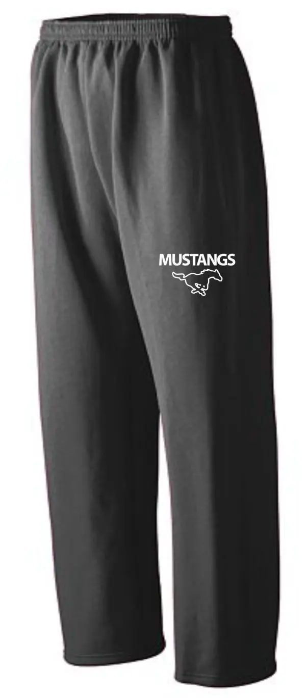 Gray sweatpants with "Mustangs" logo.