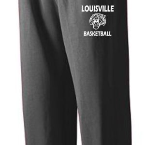 Black sweatpants with elastic waistband featuring the Louisville Tigers Basketball logo on the left thigh.