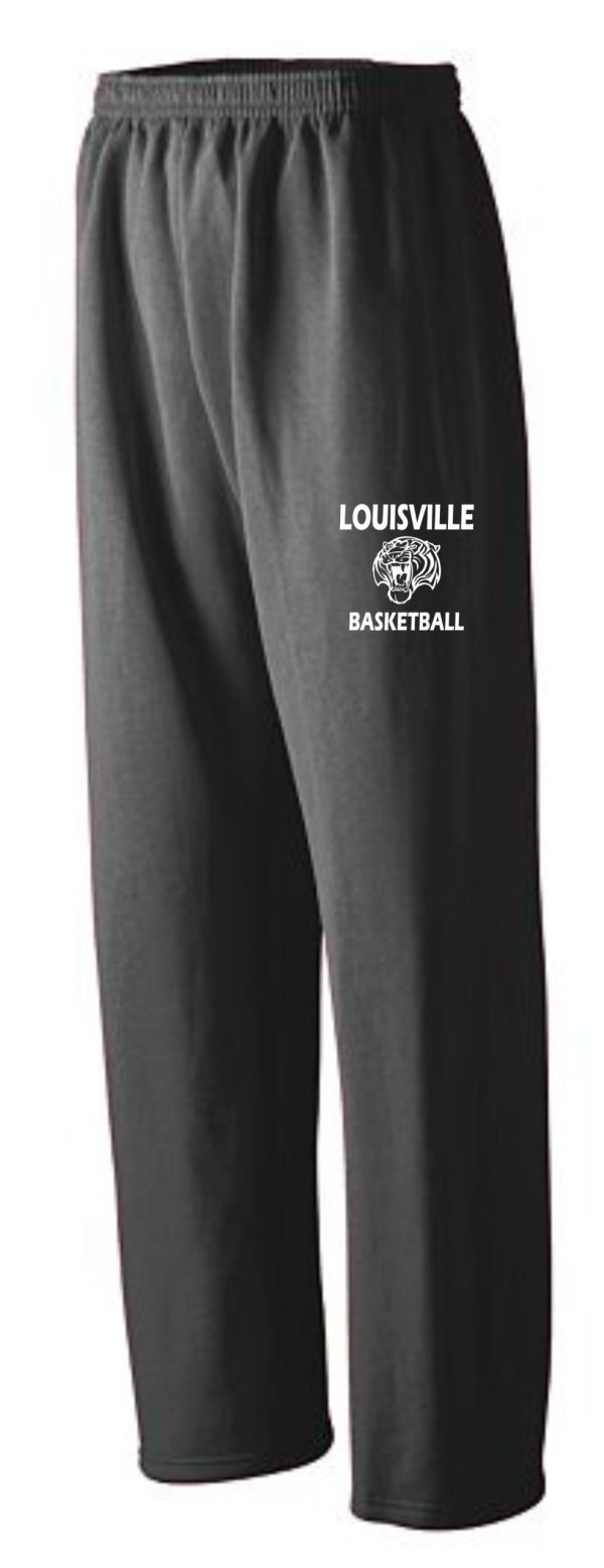 Black sweatpants with elastic waistband featuring the Louisville Tigers Basketball logo on the left thigh.