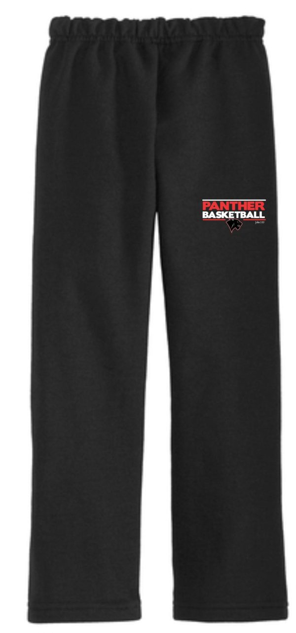 Heart For Christ Basketball Open Bottom sweatpants G18400 with an elastic waistband, featuring a red "panther basketball" logo on the upper left thigh.