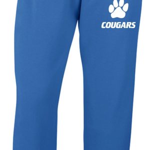 CEC Baseball Royal Open Bottom sweatpants G184 with a white drawstring and the logo "cec cougars" printed on the upper left leg.